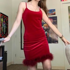 Lovely red feather trimmed bodycon dress